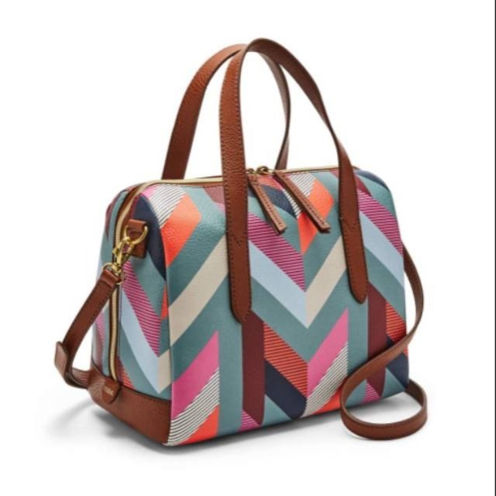 Fossil Multicolor Chevron Satchel with Brown Leather Trim